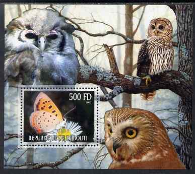 Djibouti 2007 Butterflies & Owls #4 perf s/sheet unmounted mint, stamps on butterflies, stamps on owls, stamps on birds, stamps on birds of prey