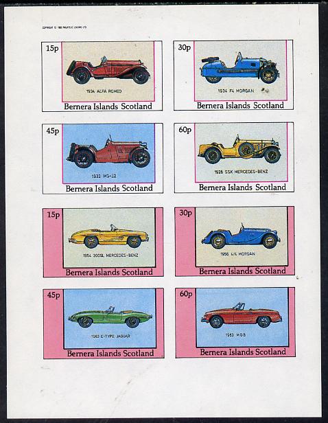 Bernera 1982 Sports Cars (1934 Alfa Romeo, Morgan, MG-12, etc) imperf  set of 8 values (15p to 60p) unmounted mint, stamps on cars     sport    alfa romeo     mgb   morgan       mercedes    jaguar, stamps on  mg , stamps on 