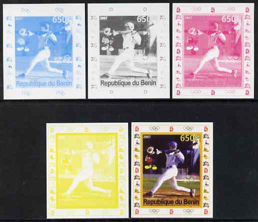 Benin 2007 Baseball #07 deluxe sheet with Olympic Rings & Disney Character, the set of 5 imperf progressive proofs comprising the 4 individual colours plus all 4-colour composite, unmounted mint , stamps on sport, stamps on olympics, stamps on disney, stamps on baseball