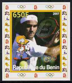 Benin 2007 Tennis #08 - Roger Federer individual imperf deluxe sheet with Olympic Rings & Disney Character unmounted mint, stamps on sport, stamps on olympics, stamps on tennis, stamps on disney