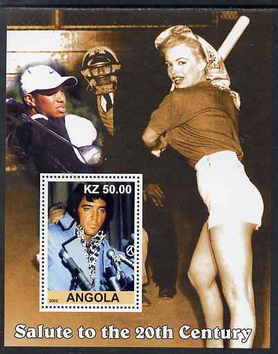 Angola 2002 Salute to the 20th Century #10 perf s/sheet - Elvis, Marilyn & Tiger Woods, unmounted mint. Note this item is privately produced and is offered purely on its thematic appeal, stamps on personalities, stamps on elvis, stamps on music, stamps on films, stamps on cinema, stamps on movies, stamps on pops, stamps on rock, stamps on marilyn, stamps on golf, stamps on baseball