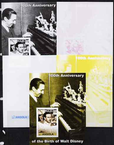 Angola 2002 Birth Centenary of Walt Disney #07 s/sheet - Disney reading sheet music & at the Piano - the set of 5 imperf progressive proofs comprising the 4 individual colours plus all 4-colour composite, unmounted mint , stamps on personalities, stamps on films, stamps on cinema, stamps on movies, stamps on disney, stamps on music