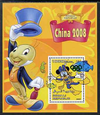 Somalia 2007 Disney - China 2008 Stamp Exhibition #01 perf m/sheet featuring Minnie Mouse & Jiminy Cricket overprinted with Olympic rings in green foil, unmounted mint. Note this item is privately produced and is offered purely on its thematic appeal, stamps on , stamps on  stamps on disney, stamps on  stamps on films, stamps on  stamps on cinema, stamps on  stamps on movies, stamps on  stamps on cartoons, stamps on  stamps on stamp exhibitions, stamps on  stamps on scuba, stamps on  stamps on olympics