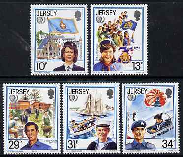 Jersey 1985 International Youth Year perf set of 5 unmounted mint, SG 360-4, stamps on , stamps on  stamps on youth, stamps on  stamps on scouts, stamps on  stamps on flags, stamps on  stamps on ships, stamps on  stamps on guides, stamps on  stamps on aviation, stamps on  stamps on parachutes