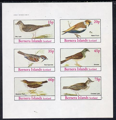 Bernera 1982 Birds #13 (Sky Lark, Pipit, Sparrow, etc) imperf set of 6 values (15p to 75p) unmounted mint, stamps on birds      skylark     haw  finch     sparrow     ortolan     pipit    lark