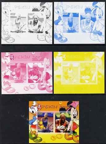 Benin 2007 Beijing Olympic Games #10 - Tennis (1) s/sheet containing 2 values (Disney characters in background) - the set of 5 imperf progressive proofs comprising the 4 individual colours plus all 4-colour composite, unmounted mint , stamps on sport, stamps on olympics, stamps on disney, stamps on tennis