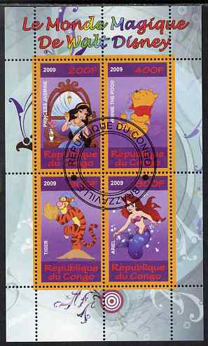 Congo 2009 The Magical World of Walt Disney #2 perf sheetlet containing 4 values cto used , stamps on films, stamps on movies, stamps on cinema, stamps on disney, stamps on cartoons, stamps on bears, stamps on mermaids