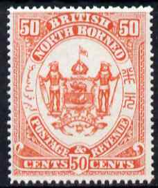 North Borneo 1888 Arms 50c perforated colour trial in deep orange fresh with gum, as SG 46, stamps on heraldry, stamps on  qv , stamps on arms