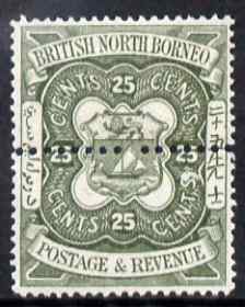 North Borneo 1888 Arms 25c perforated colour trial in olive with additional horiz row of perforations through centre fresh with gum, as SG 45, stamps on heraldry, stamps on  qv , stamps on arms