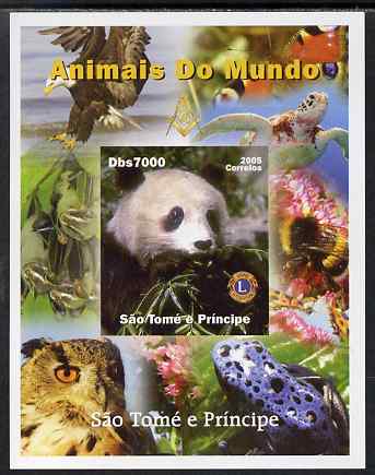 St Thomas & Prince Islands 2005 Animals of the World - Panda imperf s/sheet with Lions International Logo unmounted mint. Note this item is privately produced and is offered purely on its thematic appeal, stamps on animals, stamps on panda, stamps on bears, stamps on lions int, stamps on turtles, stamps on birds, stamps on birds of prey, stamps on bees, stamps on eagles, stamps on owls, stamps on frogs, stamps on butterflies, stamps on bats, stamps on mammal