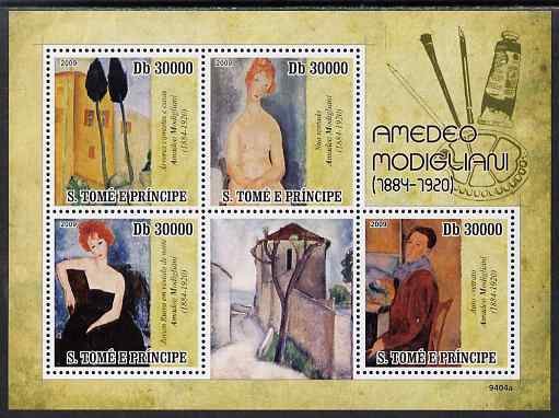 St Thomas & Prince Islands 2009 Amedeo Modigliani perf sheetlet containing 4 values unmounted mint, stamps on personalites, stamps on arts, stamps on modigliani, stamps on nudes