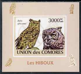 Comoro Islands 2009 Owls imperf s/sheet unmounted mint. Note this item is privately produced and is offered purely on its thematic appeal, it has no postal validity, stamps on birds, stamps on birds of prey, stamps on owls