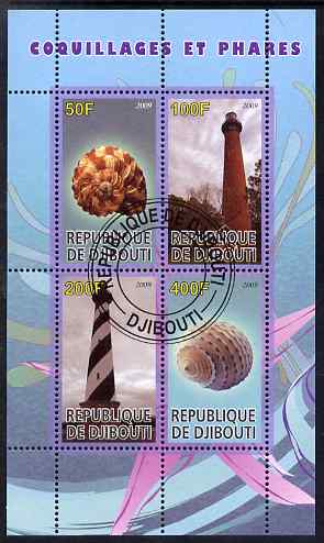 Djibouti 2009 Lighthouses and Shells #2 perf sheetlet containing 4 values fine cto used, stamps on lighthouses, stamps on shells, stamps on marine life