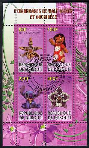 Djibouti 2009 Orchids and Disney Characters #3 perf sheetlet containing 4 values fine cto used, stamps on flowers, stamps on orchids, stamps on disney, stamps on cartoons, stamps on films, stamps on movies, stamps on cinema