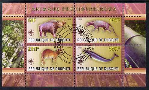 Djibouti 2009 Prehistoric Animals with Scout Logo #3 perf sheetlet containing 4 values fine cto used, stamps on animals, stamps on dinosaurs, stamps on scouts