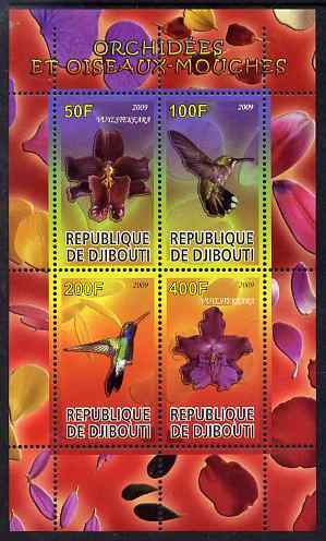 Djibouti 2009 Orchids and Hummingbirds #1 perf sheetlet containing 4 values unmounted mint, stamps on flowers, stamps on orchids, stamps on birds, stamps on hummingbirds