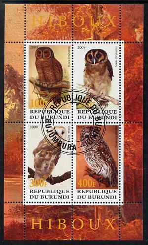 Burundi 2009 Owls perf sheetlet containing 4 values fine cto used, stamps on , stamps on  stamps on birds, stamps on  stamps on birds of prey, stamps on  stamps on owls