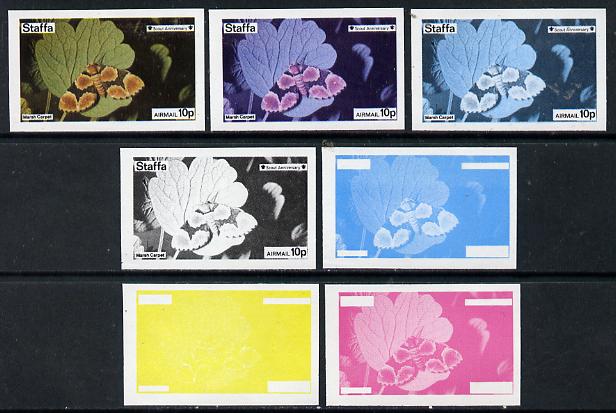 Staffa 1974 Butterflies & Scout Anniversary 10p (Marsh Carpet) set of 7 imperf progressive colour proofs comprising the 4 individual colours plus 2, 3 and all 4-colour composites unmounted mint, stamps on butterflies      scouts