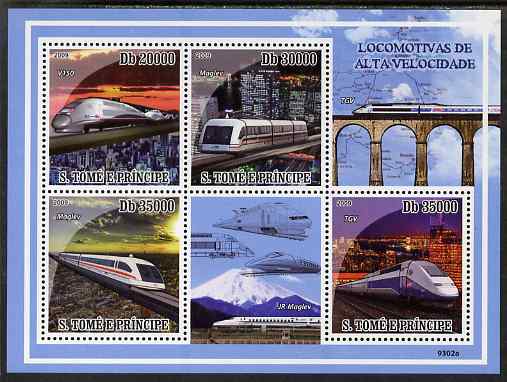 St Thomas & Prince Islands 2009 High Speed Trains perf sheetlet containing 4 values unmounted mint, stamps on railways, stamps on bridges, stamps on mountains