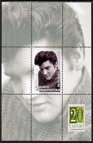Turkmenistan 1999 Elvis Presley perf souvenir sheet unmounted mint, stamps on personalities, stamps on elvis, stamps on music, stamps on rock, stamps on films, stamps on cinema, stamps on movies