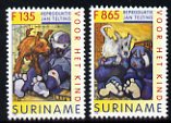 Surinam 1996 Child Welfare - Paintings by Jan Telting - set of 2 unmounted mint, SG 1696-97, stamps on children, stamps on dogs, stamps on arts, stamps on 