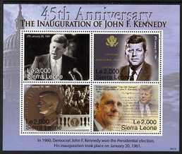 Sierra Leone 2006 90th Birth Anniversary of John F Kennedy perf hseetlet of 4 x 2000le unmounted mint, SG 4498a, stamps on personalities, stamps on kennedy, stamps on usa presidents, stamps on americana