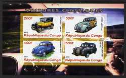Congo 2010 Classic Cars imperf sheetlet containing 4 values unmounted mint, stamps on , stamps on  stamps on cars, stamps on  stamps on ford, stamps on  stamps on taxi, stamps on  stamps on  vw , stamps on  stamps on 