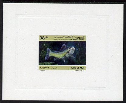 Mauritania 1986 Sea Trout 98um imperf deluxe sheet in issued colours on glazed sunken card unmounted mint Michel 900, as SG877, stamps on fish