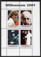 Angola 2001 Millennium series - Princess Diana, Einstein, Baden Powell & Pope perf sheetlet of 4 values unmounted mint. Note this item is privately produced and is offere..., stamps on personalities, stamps on scouts, stamps on millennium, stamps on diana, stamps on royalty, stamps on einstein, stamps on science, stamps on physics, stamps on nobel, stamps on maths, stamps on space, stamps on judaica, stamps on atomics, stamps on pope