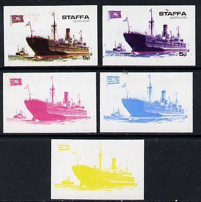 Staffa 1974 Steam Liners 5p (SS Atland 1910) set of 5 imperf progressive colour proofs comprising 3 individual colours (red, blue & yellow) plus 3 and all 4-colour composites unmounted mint, stamps on ships