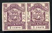 North Borneo 1888 Arms 3c violet horiz imperf pair unmounted mint SG 39b now believed to be a forgery (possibly by Fournier) and re-priced accordingly, stamps on arms, stamps on heraldry