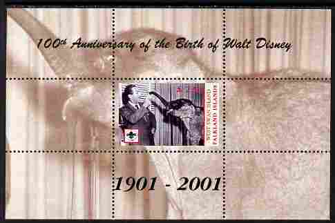 West Swan Island (Falkland Islands) 2001 Birth Centenary of Walt Disney perf s/sheet (with Baby Elephant & Scout Logo) unmounted mint. Note this item is privately produced and is offered purely on its thematic appeal, it has no postal validity, stamps on personalities, stamps on films, stamps on entertainments, stamps on disney, stamps on movies, stamps on cinema, stamps on elephants, stamps on scouts