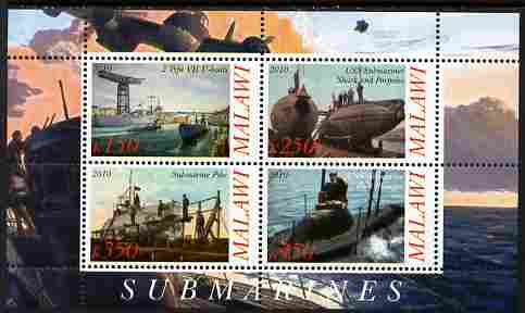 Malawi 2010 Submarines #01 perf sheetlet containing 4 values unmounted mint, stamps on ships, stamps on submarines