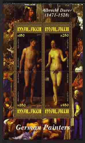 Malawi 2010 Art - German Painters - Durer perf sheetlet containing 4 values unmounted mint, stamps on arts, stamps on nudes, stamps on durer