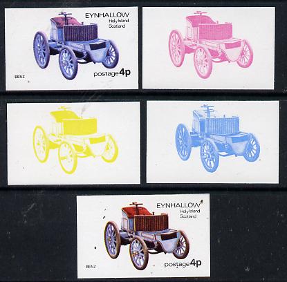 Eynhallow 1974 Vintage Cars #1 4p (Benz) set of 5 imperf progressive colour proofs comprising 3 individual colours (red, blue & yellow) plus 3 and all 4-colour composites unmounted mint, stamps on cars, stamps on benz, stamps on 
