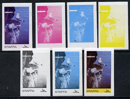 Staffa 1974 Water Birds #01 Kittiwake 1/2p set of 7 imperf progressive colour proofs comprising the 4 individual colours plus 2, 3 and all 4-colour composites unmounted mint, stamps on birds