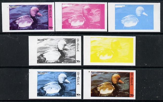 Staffa 1974 Water Birds #01 Pochard 10p set of 7 imperf progressive colour proofs comprising the 4 individual colours plus 2, 3 and all 4-colour composites unmounted mint, stamps on birds