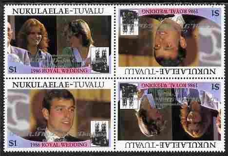 Tuvalu - Nukulaelae 1986 Royal Wedding (Andrew & Fergie) $1 with 'Congratulations' opt in silver in unissued perf tete-beche block of 4 (2 se-tenant pairs) unmounted mint from Printer's uncut proof sheet, stamps on royalty, stamps on andrew, stamps on fergie, stamps on 