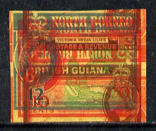 North Borneo - British Guiana 1961 spectacular piece of printers waste from De La Rue archives comprising N Borneo 16c frame, 10c frame & vignette, 10c frame (inverted) p..., stamps on 