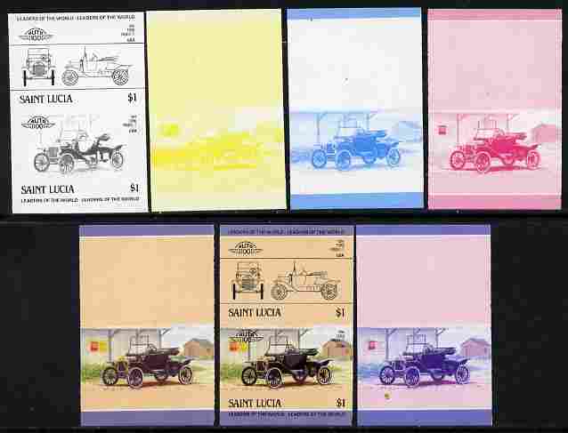 St Lucia 1984 Cars #2 (Leaders of the World) $1 Ford Model 'T' (1914) se-tenant pair - the set of 7 imperf progressive proofs comprising the 4 individual colours plus 2, 3 and all 4-colour composite, unmounted mint as SG 755a, stamps on cars, stamps on ford