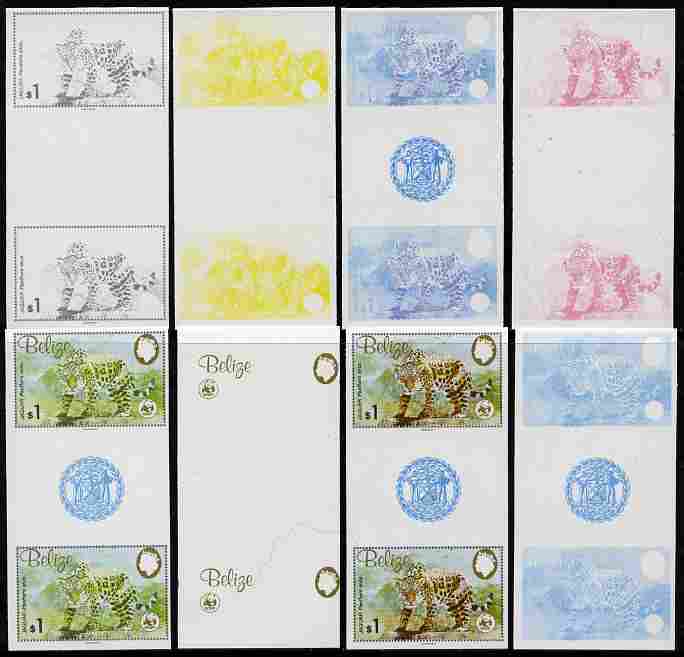 Belize 1983 WWF - Jaguar $1 (Jaguar on rock) inter-paneau gutter pair - the set of 8 imperf progressive proofs comprising the 5 individual colours plus 2, 4 and all 5-colour composites, unmounted mint as SG 759, stamps on , stamps on animals, stamps on cats, stamps on  wwf , stamps on 