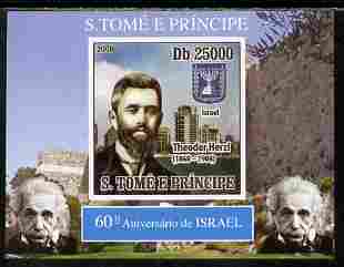 St Thomas & Prince Islands 2008 60th Anniversary of Israel #3 individual imperf deluxe sheetlet unmounted mint. Note this item is privately produced and is offered purely on its thematic appeal , stamps on personalities, stamps on einstein, stamps on science, stamps on physics, stamps on nobel, stamps on maths, stamps on space, stamps on judaica, stamps on atomics, stamps on mathematics
