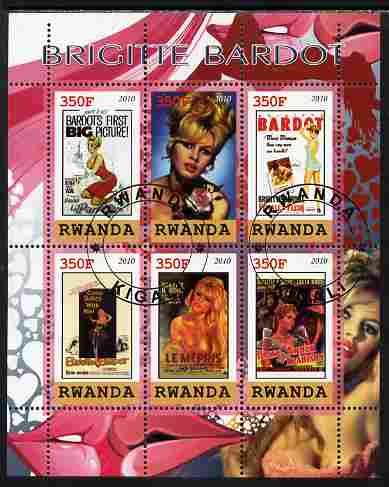 Rwanda 2010 Brigette Bardot perf sheetlet containing 6 values fine cto used, stamps on personalities, stamps on films, stamps on cinema, stamps on movies, stamps on women