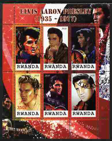 Rwanda 2010 Elvis Presley perf sheetlet containing 6 values fine cto used, stamps on personalities, stamps on elvis, stamps on music, stamps on films, stamps on cinema, stamps on movies, stamps on pops, stamps on rock