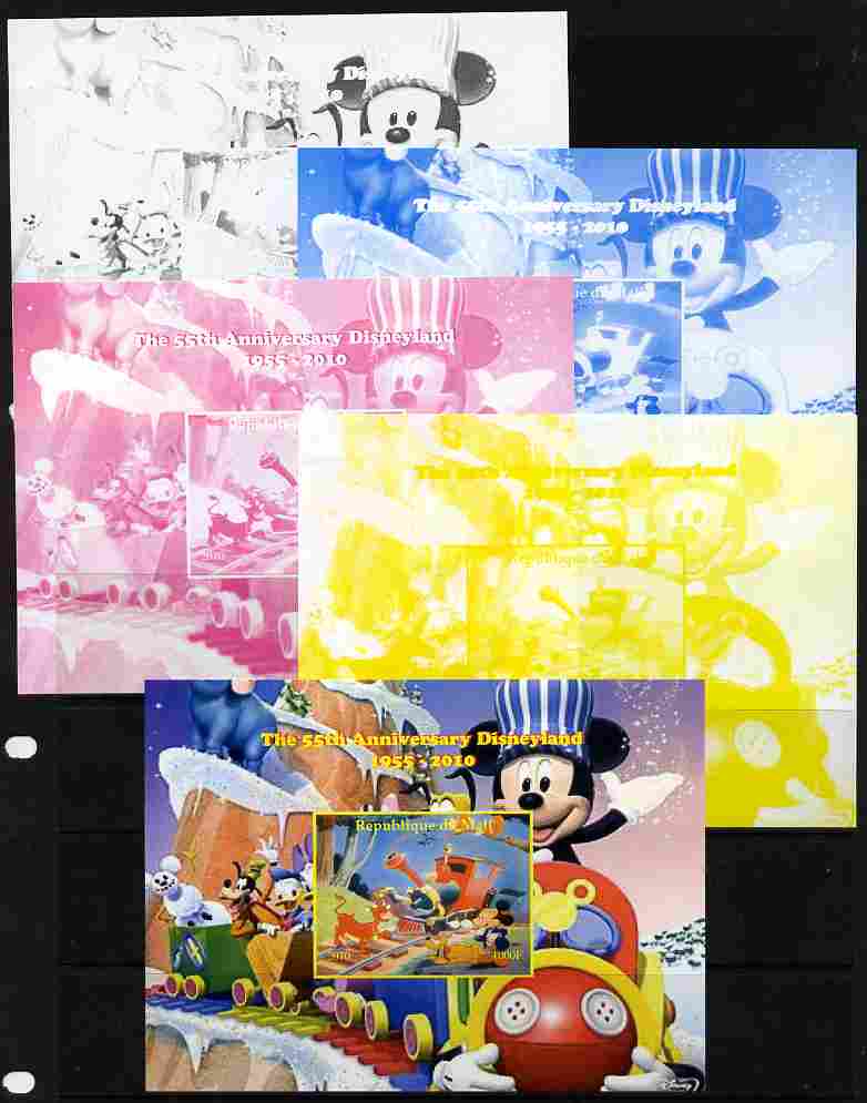Mali 2010 The 55th Anniversary of Disneyland - Mickey Mouse Railway #08 s/sheet - the set of 5 imperf progressive proofs comprising the 4 individual colours plus all 4-colour composite, unmounted mint, stamps on disney, stamps on films, stamps on cinema, stamps on movies, stamps on cartoons, stamps on railways