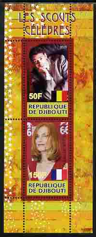 Djibouti 2010 Famous Scouts - Isabel Huppert & Jacques Brel perf sheetlet containing 2 values unmounted mint, stamps on personalities, stamps on scouts, stamps on films, stamps on cinema, stamps on movies, stamps on music