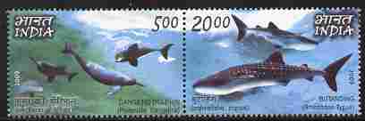 India 2009 Sharks & Dolphins perf set of 2 in se-tenant pair unmounted mint , stamps on fish, stamps on dolphins, stamps on whales, stamps on mammals