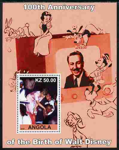 Angola 2002 Birth Centenary of Walt Disney #09 perf s/sheet - Princess Diana unmounted mint. Note this item is privately produced and is offered purely on its thematic appeal, stamps on personalities, stamps on films, stamps on cinema, stamps on movies, stamps on disney, stamps on diana, stamps on royalty