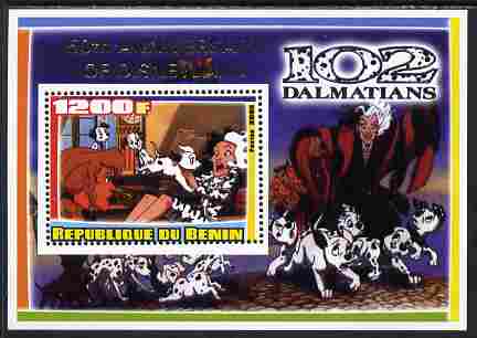 Benin 2005 Disney's 102 Dalmations #3 perf m/sheet overprinted 50th Anniversary of Disneyland in gold unmounted mint. Note this item is privately produced and is offered purely on its thematic appeal, stamps on , stamps on  stamps on disney, stamps on  stamps on filmes, stamps on  stamps on cinema, stamps on  stamps on movies, stamps on  stamps on cartoons, stamps on  stamps on dogs, stamps on  stamps on 