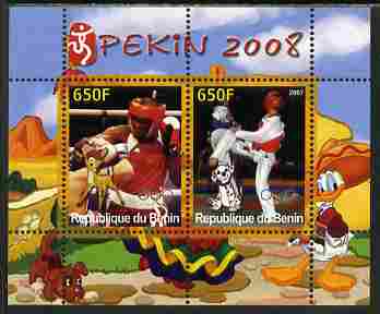Benin 2007 Beijing Olympic Games #24 - Boxing & Taekwondo perf s/sheet containing 2 values (Disney characters in background) unmounted mint. Note this item is privately p..., stamps on sport, stamps on olympics, stamps on disney, stamps on boxing, stamps on taekwondo, stamps on martial arts